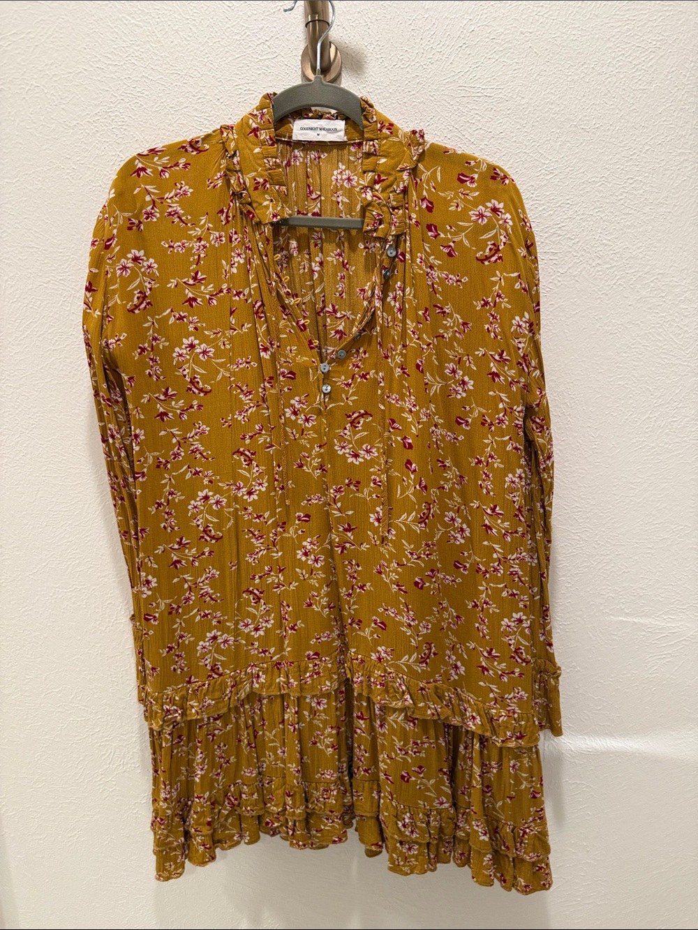 Mustard Floral Ruffle Hem Long Sleeve Women's Top